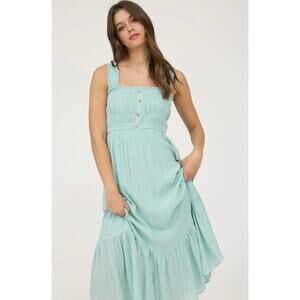 CR2587 SHIRRED BUTTON FRONT SLEEVELESS MIDI DRESS